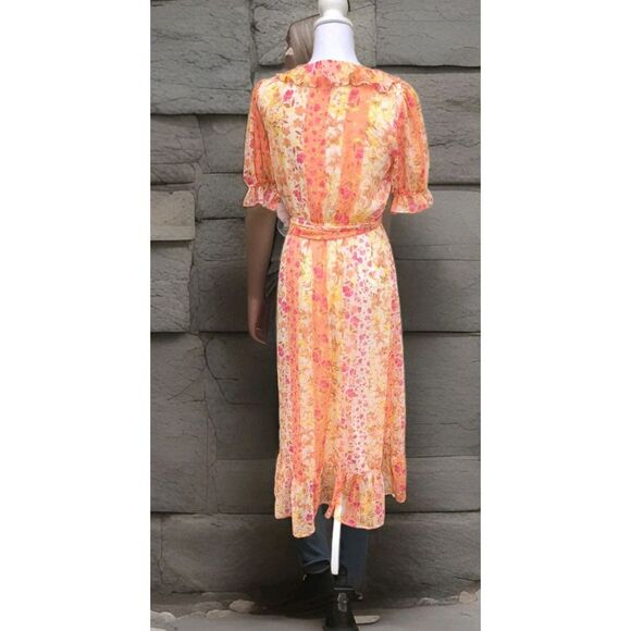LC Lauren Conrad Maxi Dress Coral Pink Chiffon Floral Puff Ruffled Cottagecore - Picture 5 of 6